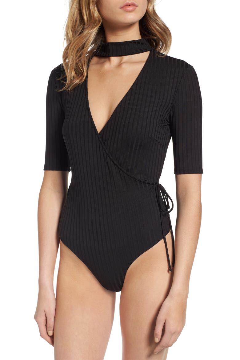 Rib Choker Bodysuit, Alternate, color, BLACK