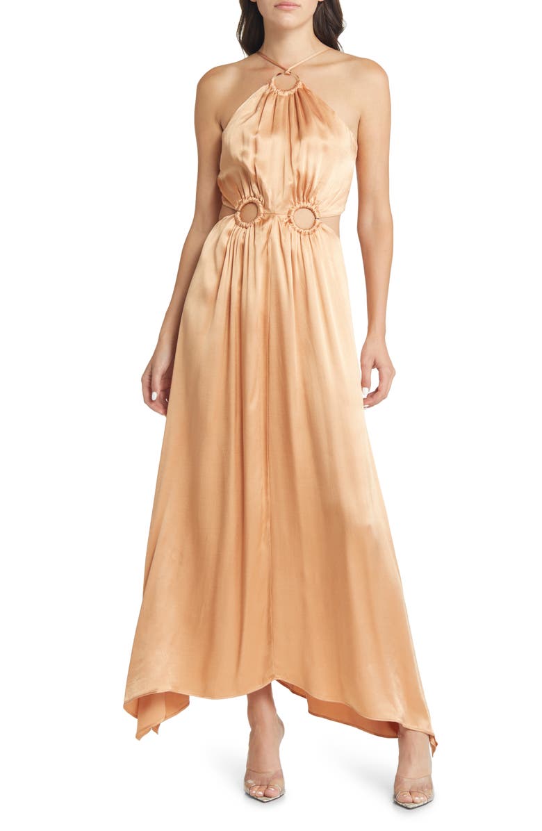 Elliatt Visitant Cutout Satin Maxi Dress, Main, color, 