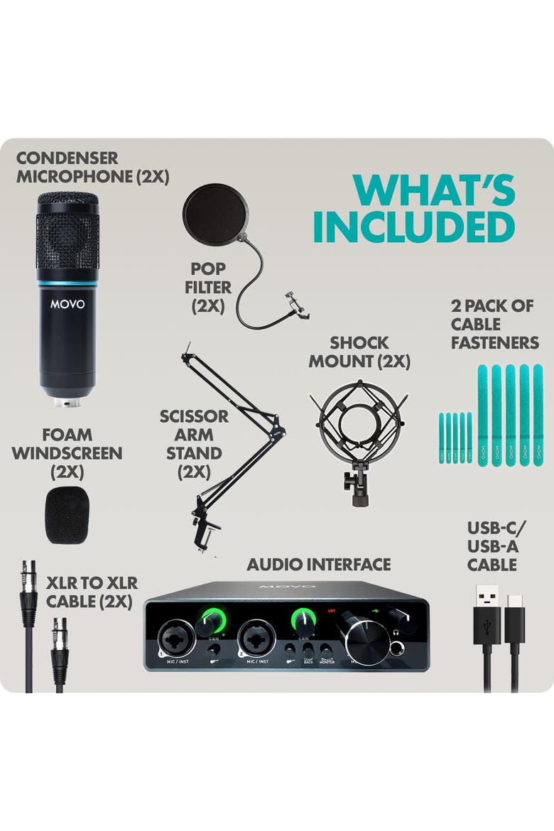 PodKit2A Podcast Bundle for 2 - Includes Microphones, Boom Arms, Pop Filters, and Audio Interface, Alternate, color, Black