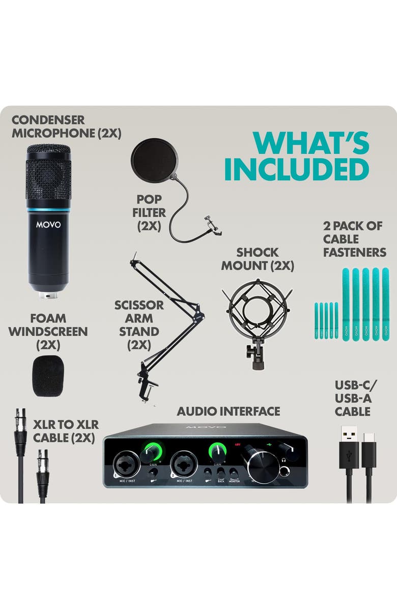 MOVO PodKit2A Podcast Bundle for 2 - Includes Microphones, Boom Arms, Pop Filters, and Audio Interface, Alternate, color, Black