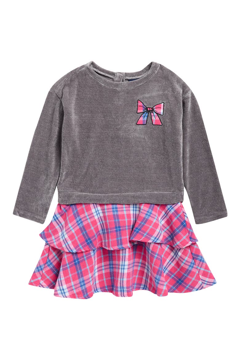Kids' Bow Plaid Twofer Dress, Main, color, GREY