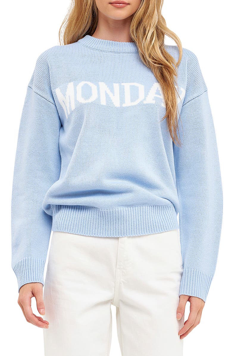 English Factory Weekday Motif Sweater, Main, color, Powder Blue