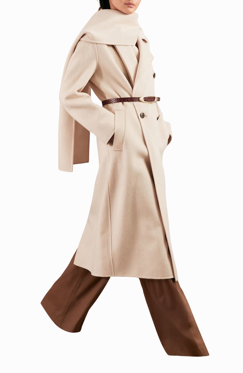 Reiss Indira Double Breasted Wool Blend Coat with Scarf, Alternate, color, Cream
