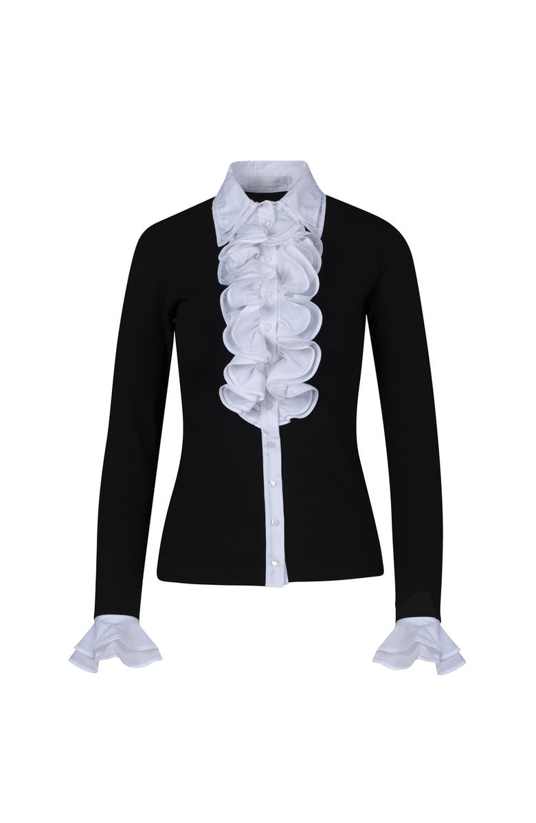 Anne Fontaine Women's Shirt Patsybw Black And White Long Sleeve Shirt With Ruffle Placket And Button Front, Alternate, color, Black/White