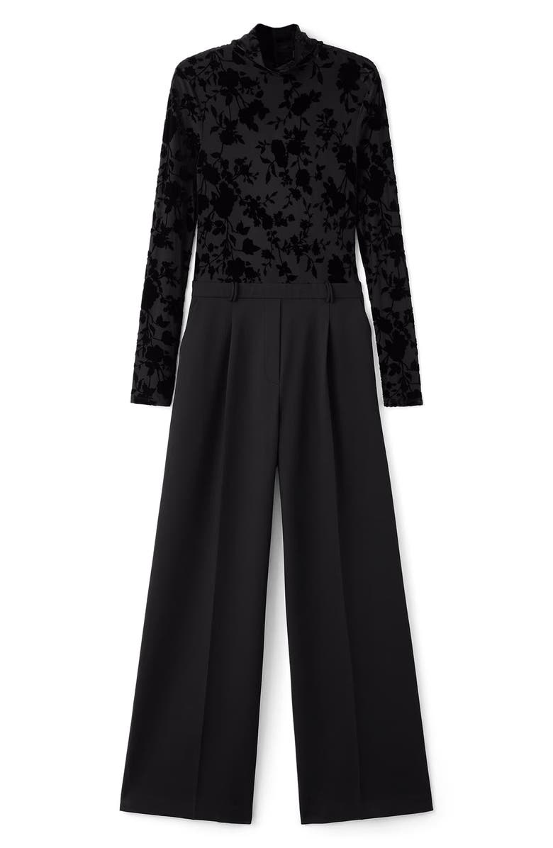 MANGO Mixed Media Long Sleeve Jumpsuit, Alternate, color, Black
