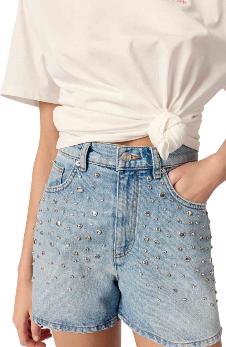 maje Studded denim shorts, Alternate, color, 