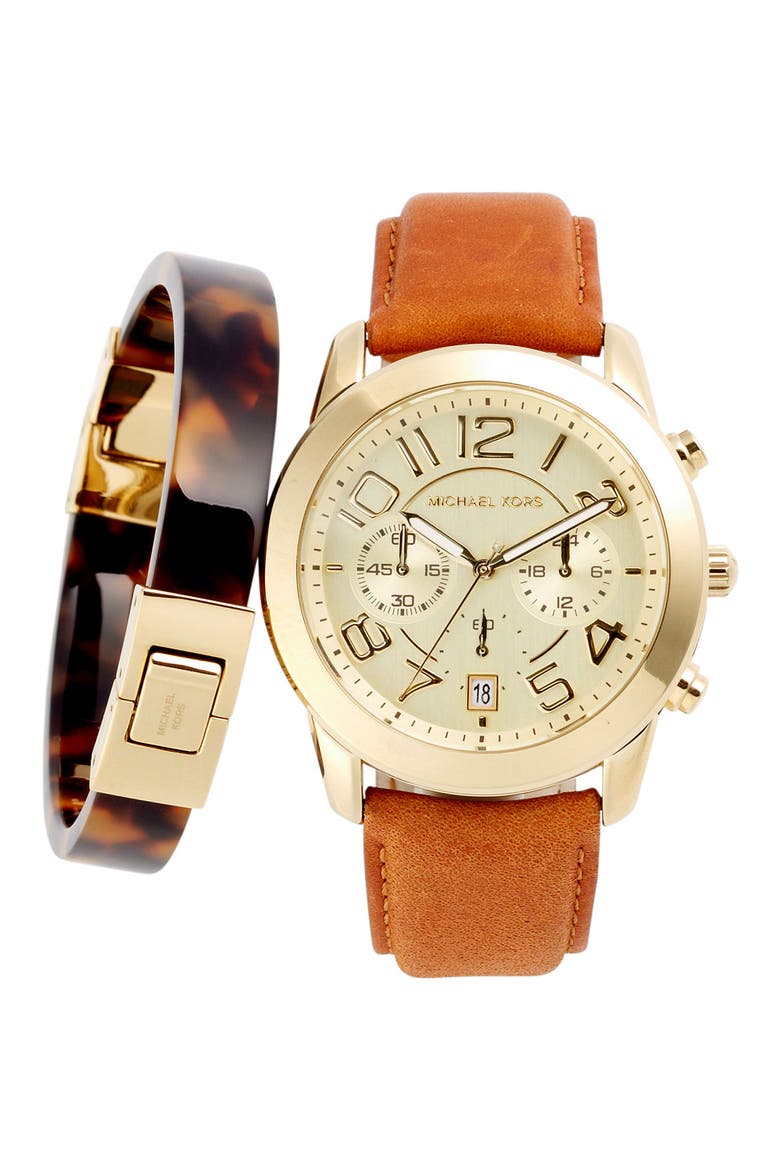 Michael Kors Chronograph Leather Strap Watch, 41mm, Alternate, color, GOLD/ BROWN