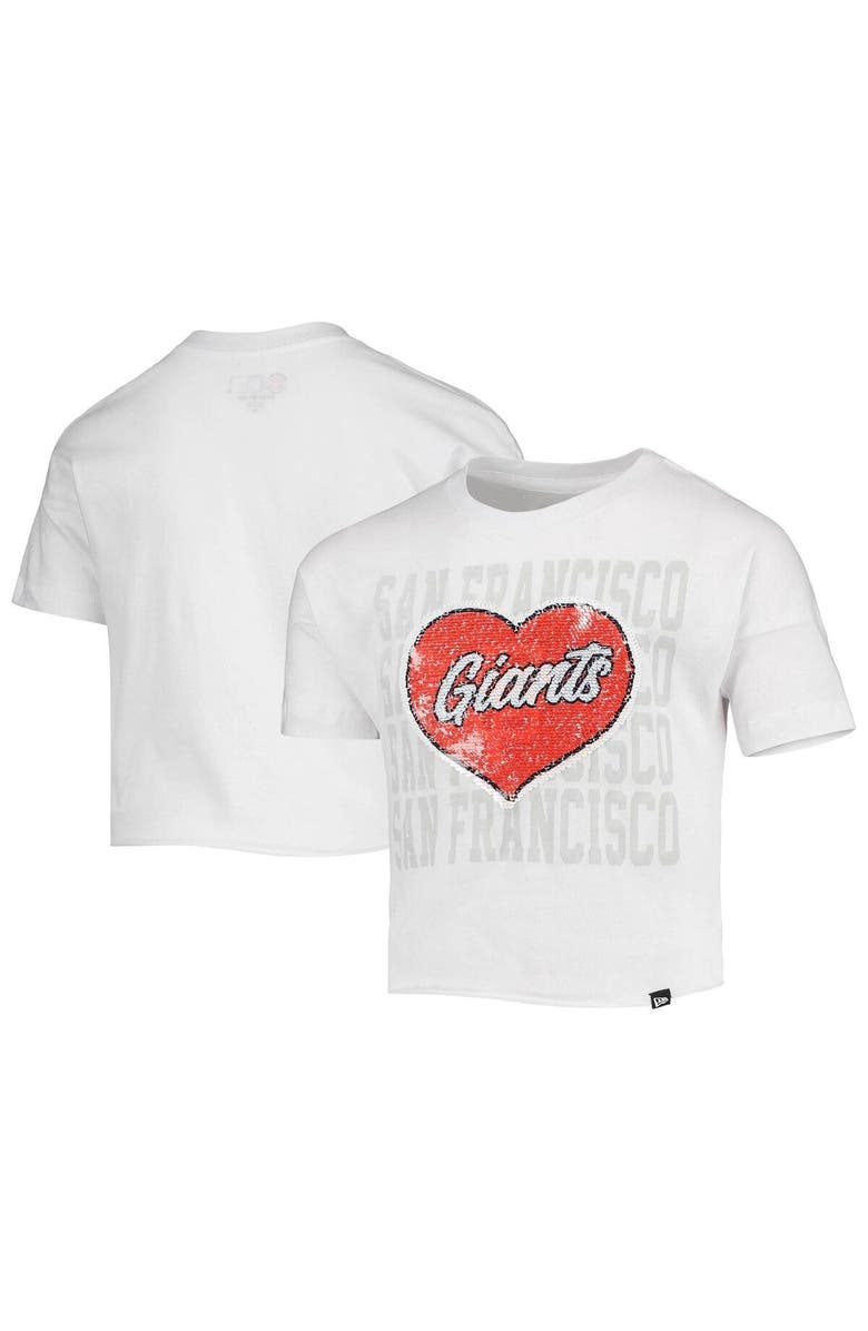 New Era Girls Youth New Era White San Francisco Giants Flip Sequin Heart Crop Top, Main, color, 