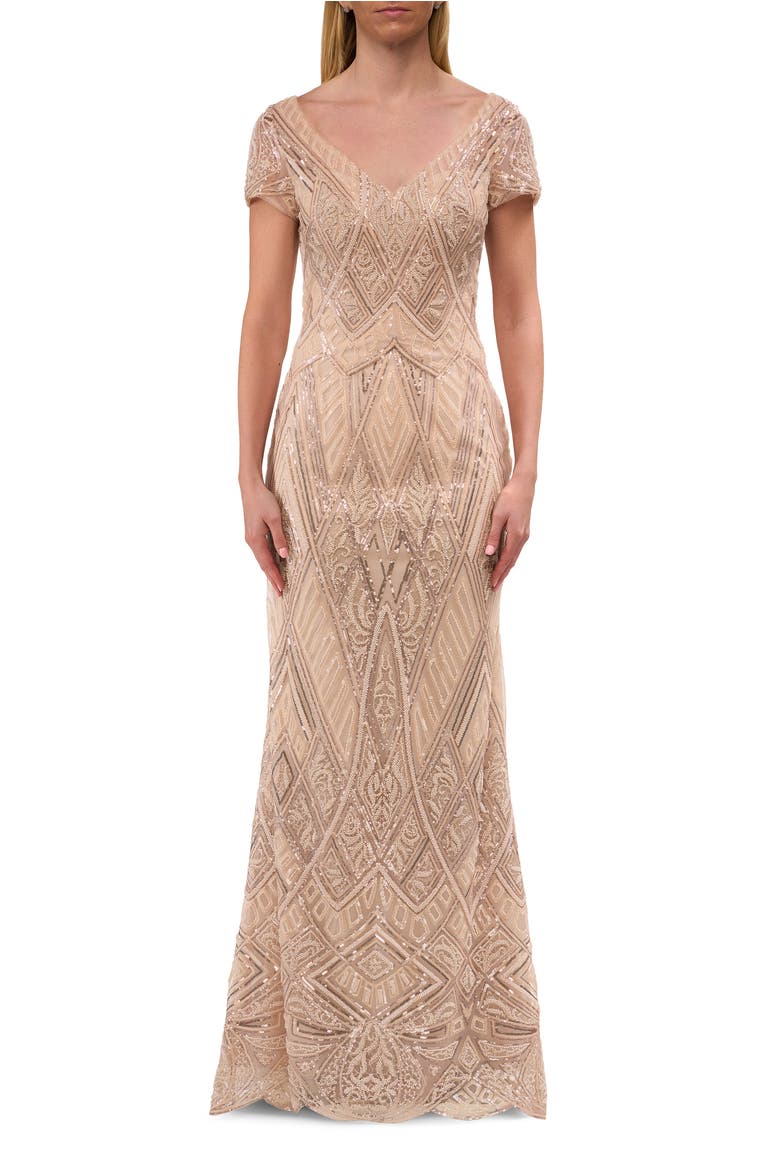 Long Art Deco Gown with Intricate Beaded Design, Main, color, Champagne