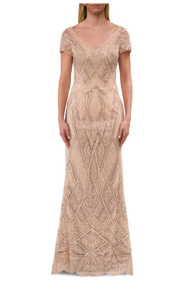 La Femme Long Art Deco Gown with Intricate Beaded Design, Main, color, Champagne