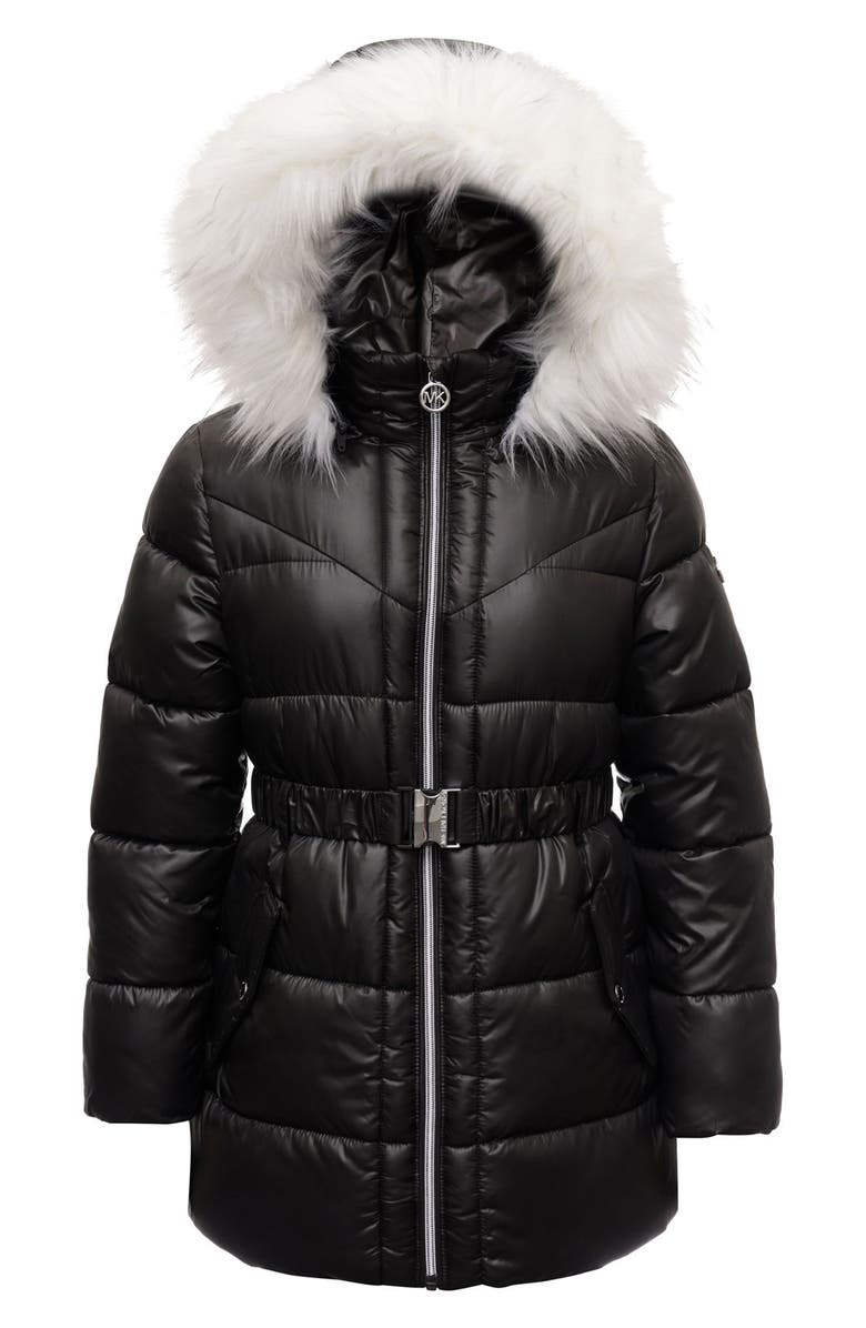 Michael Kors Kids' Belted Stadium Jacket with Faux Fur Trim, Main, color,