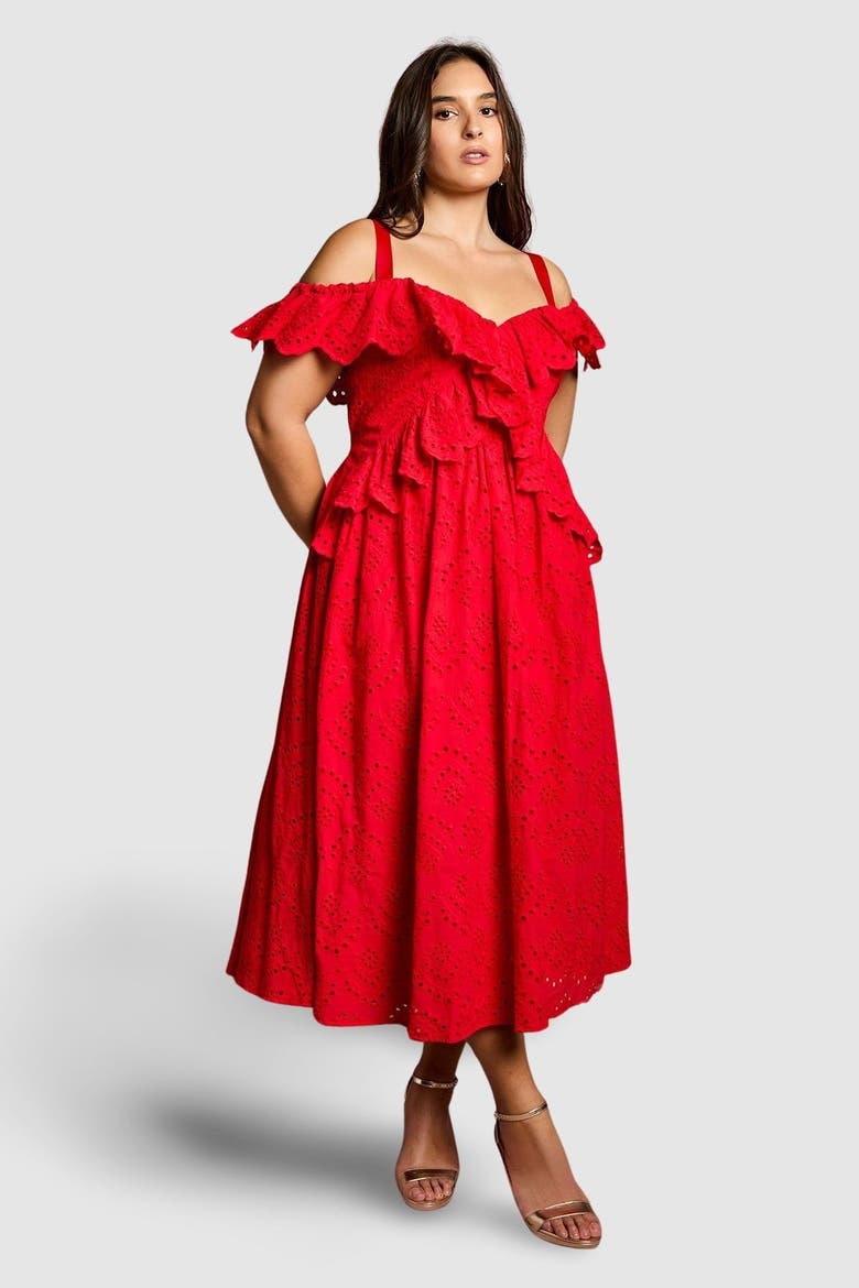 Plus Broderie Midi Dress, Main, color, Red