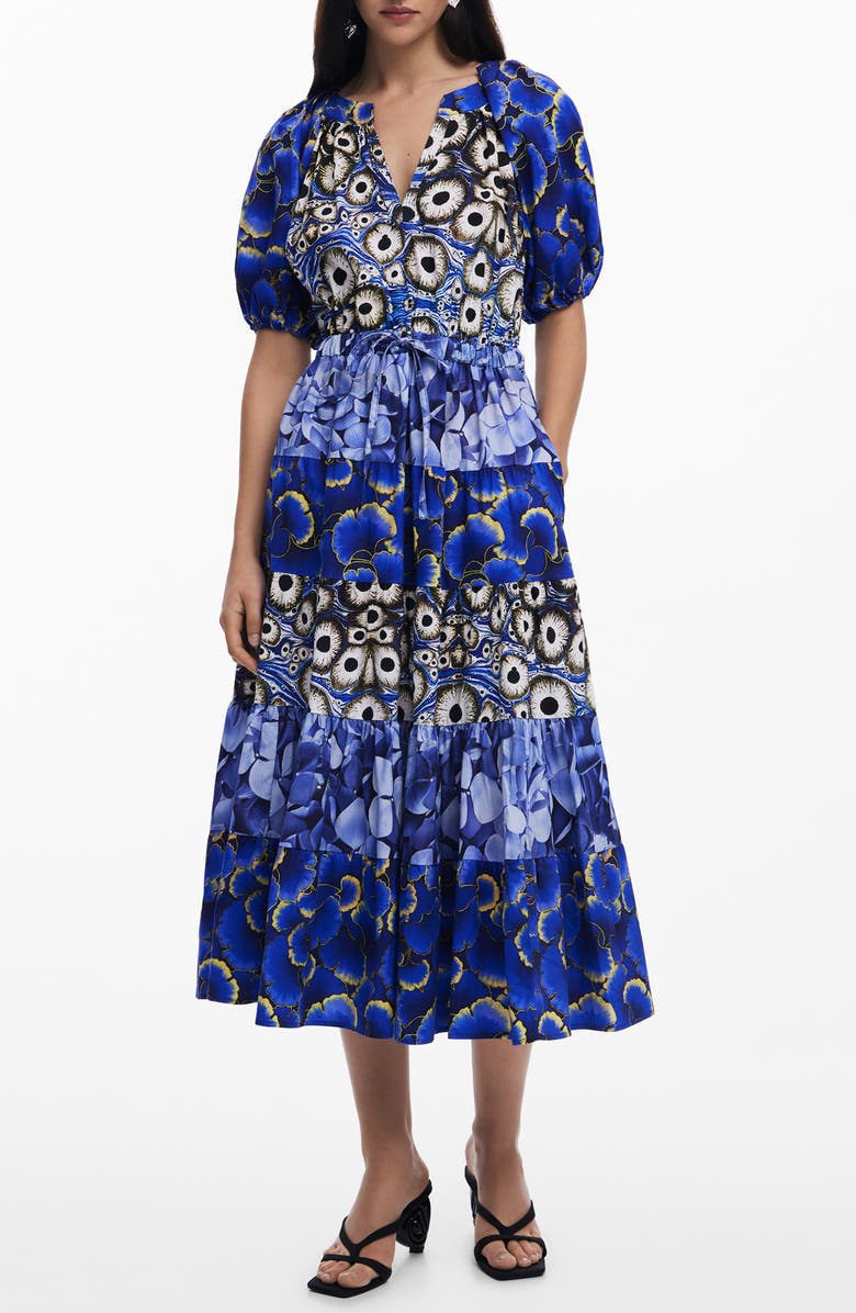 Desigual Mixed Print Tiered Midi Dress, Main, color, Navy Blue