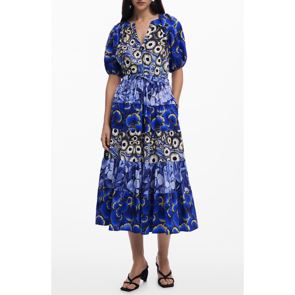 Desigual Mixed Print Tiered Midi Dress In Navy Blue