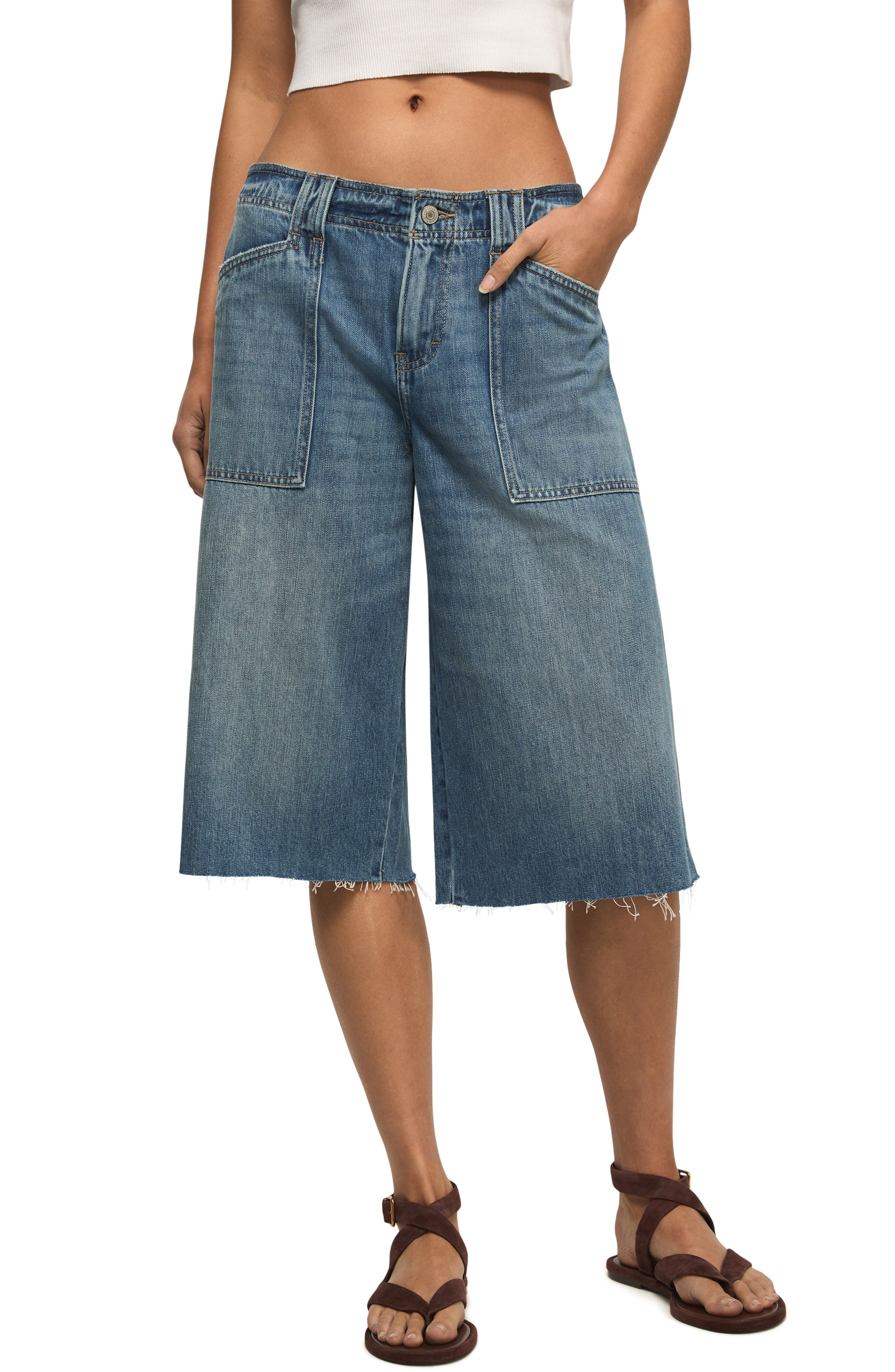 Low Rise Culotte Denim Shorts
