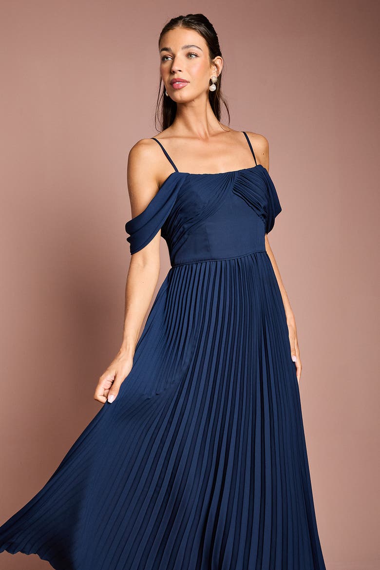 Bardot Pleated Maxi Bridesmaid Dress, Alternate, color, Navy