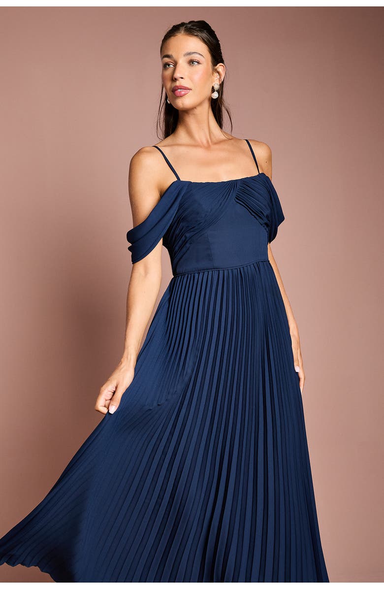 Coast Bardot Pleated Maxi Bridesmaid Dress, Alternate, color, Navy