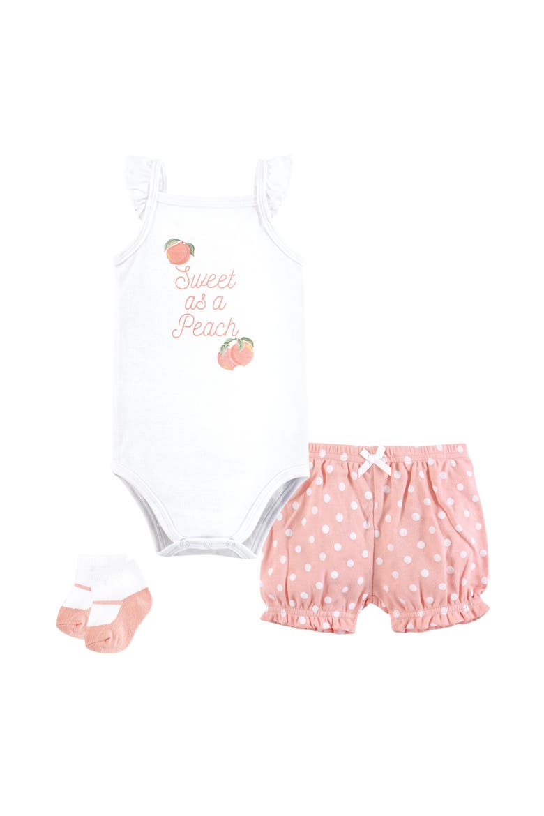 Coordinated Bodysuit Outfit with Shorts and Socks, Main, color, Sweet Peach