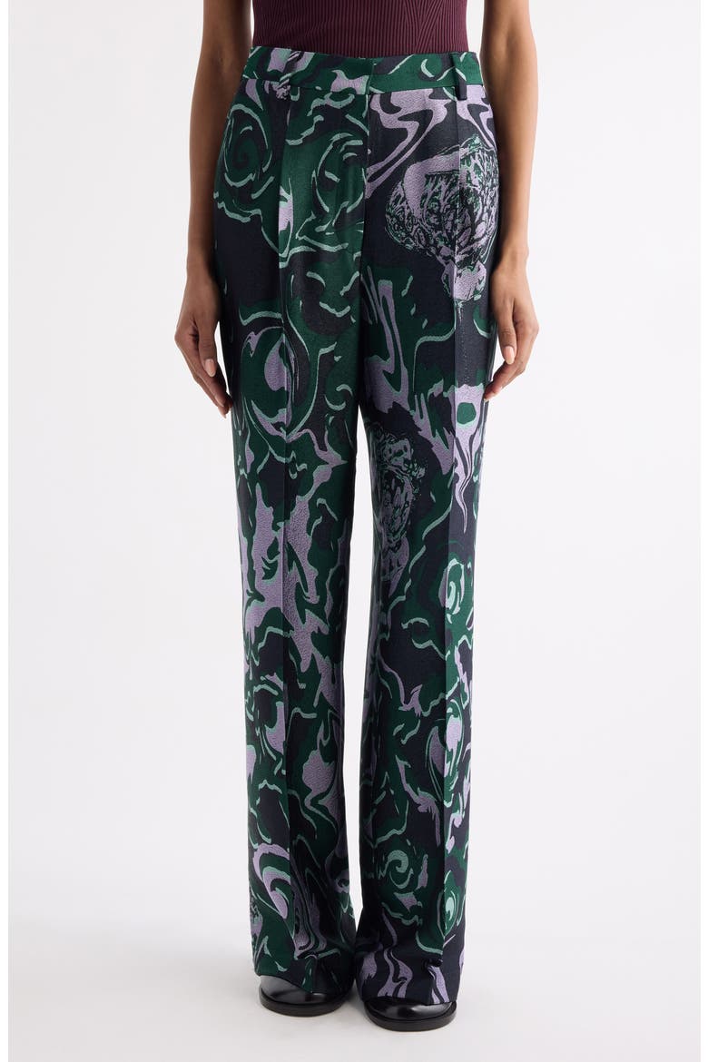 Bastis Abstract Floral Jacquard Pleated Crepe Straight Leg Pants, Main, color, DARK GREEN