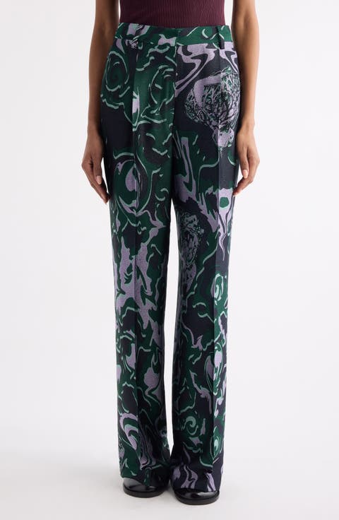 Bastis Abstract Floral Jacquard Pleated Crepe Straight Leg Pants