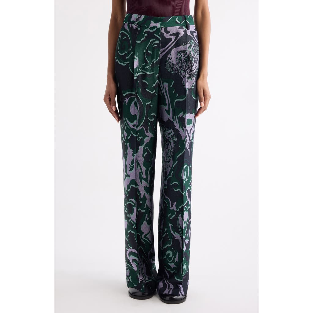 Dries Van Noten Bastis Abstract Floral Jacquard Pleated Crepe Straight Leg Pants In Green