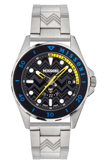 Missoni Men's Swiss Gmt Stainless Steel Bracelet Watch 43mm In Stainless Steel