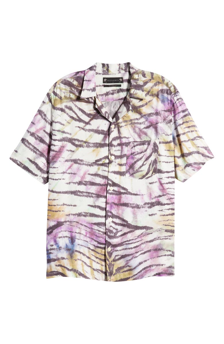 AllSaints Men's Kanha Relaxed Fit Tie Dye Animal Print Short Sleeve Button-Up Shirt, Alternate, color, 