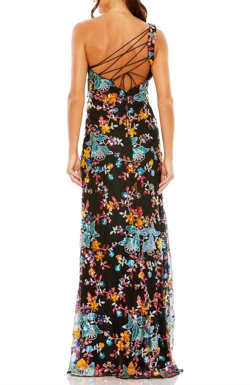 Mac Duggal One Shoulder Floral Sequin Lace Up Gown In Black Multi