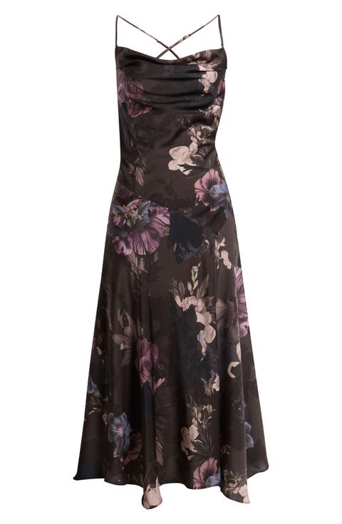 Cowl Neck Seamed Satin Midi Dress
