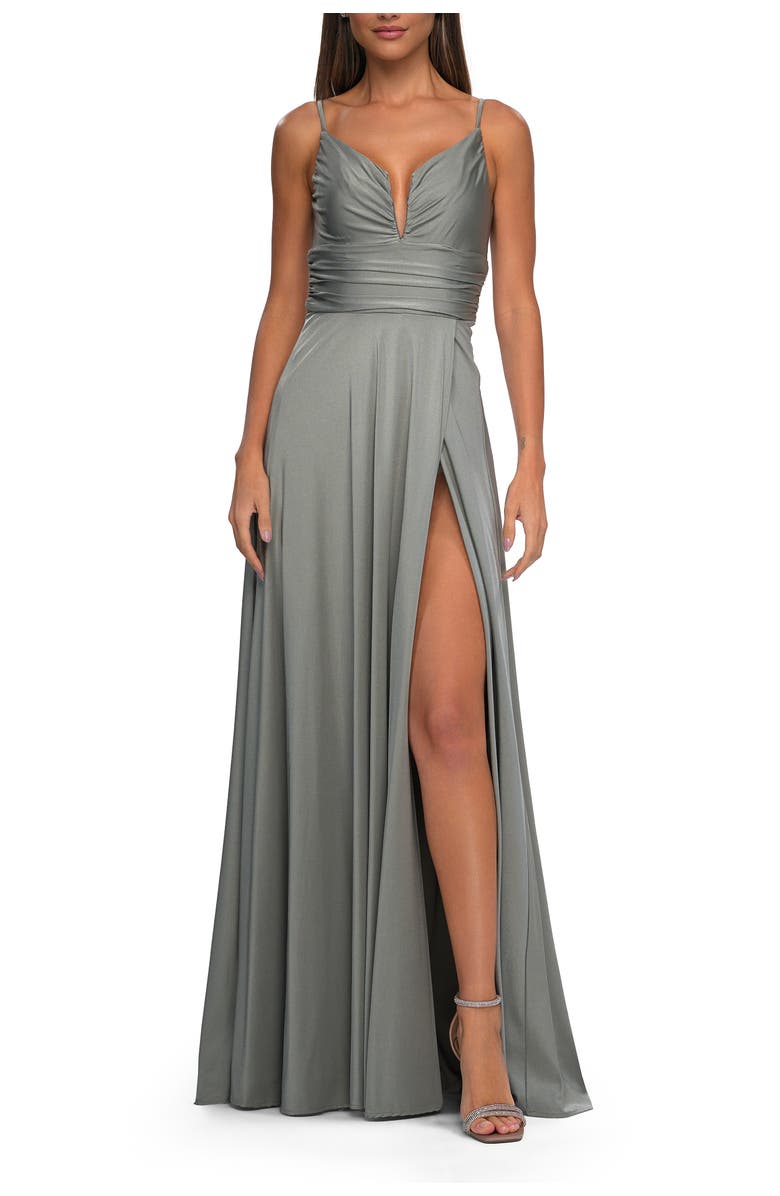 La Femme Versatile Long Jersey Gown with V and Slit, Main, color, Silver