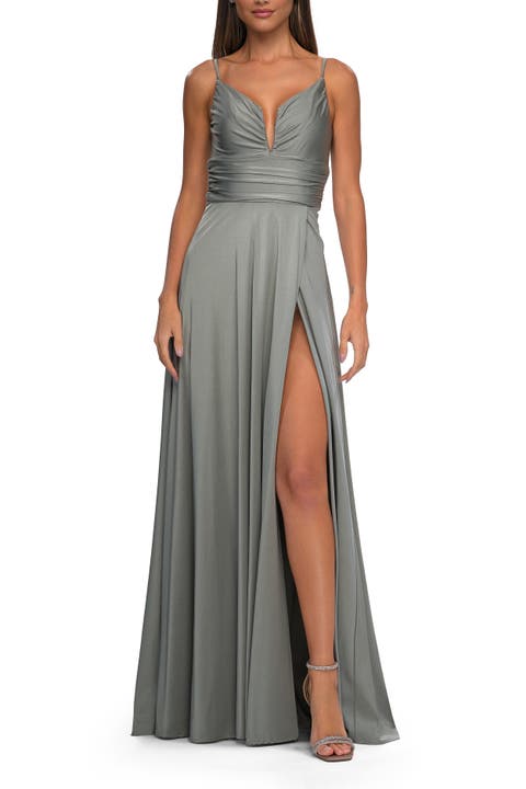 Versatile Long Jersey Gown with V and Slit