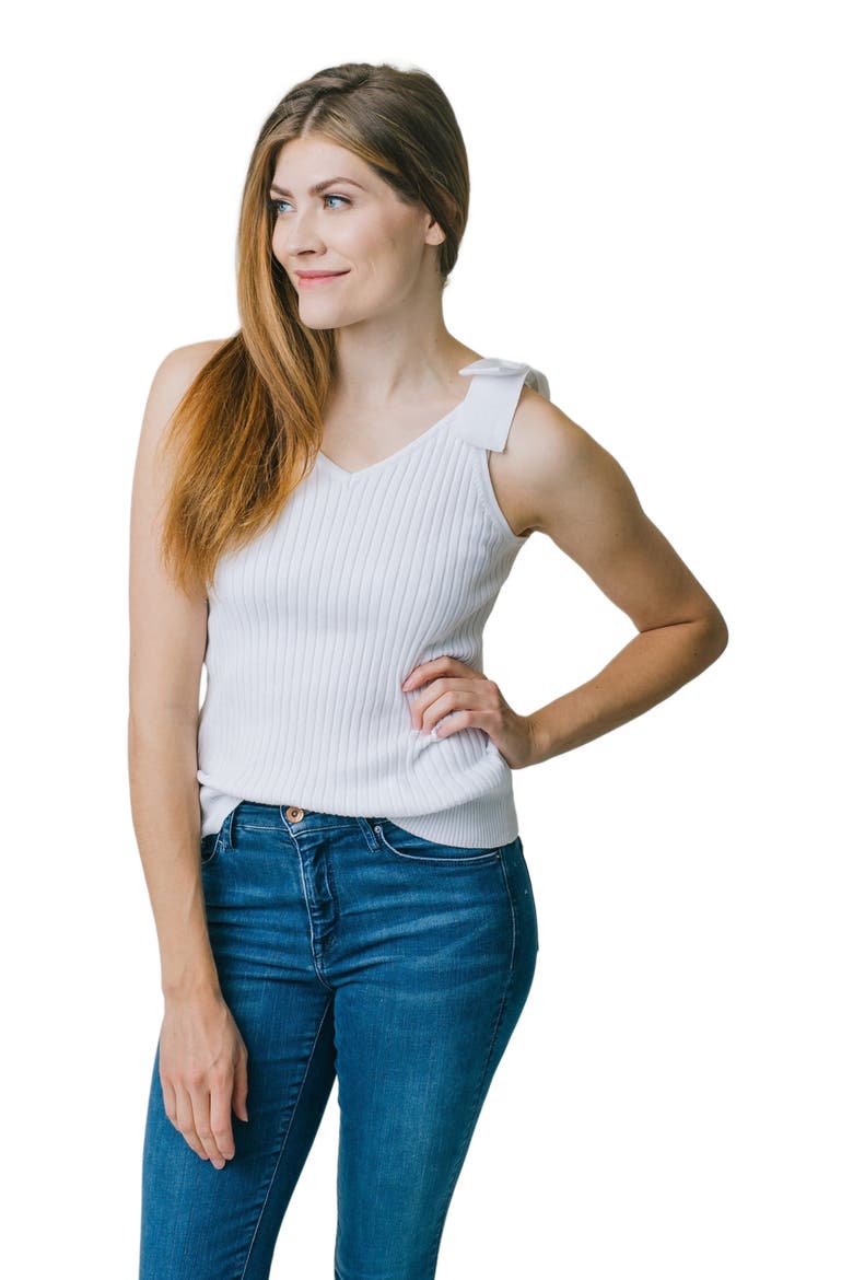 Women's V-Neck Rib Knit Tank with Bow, Alternate, color, White Rib