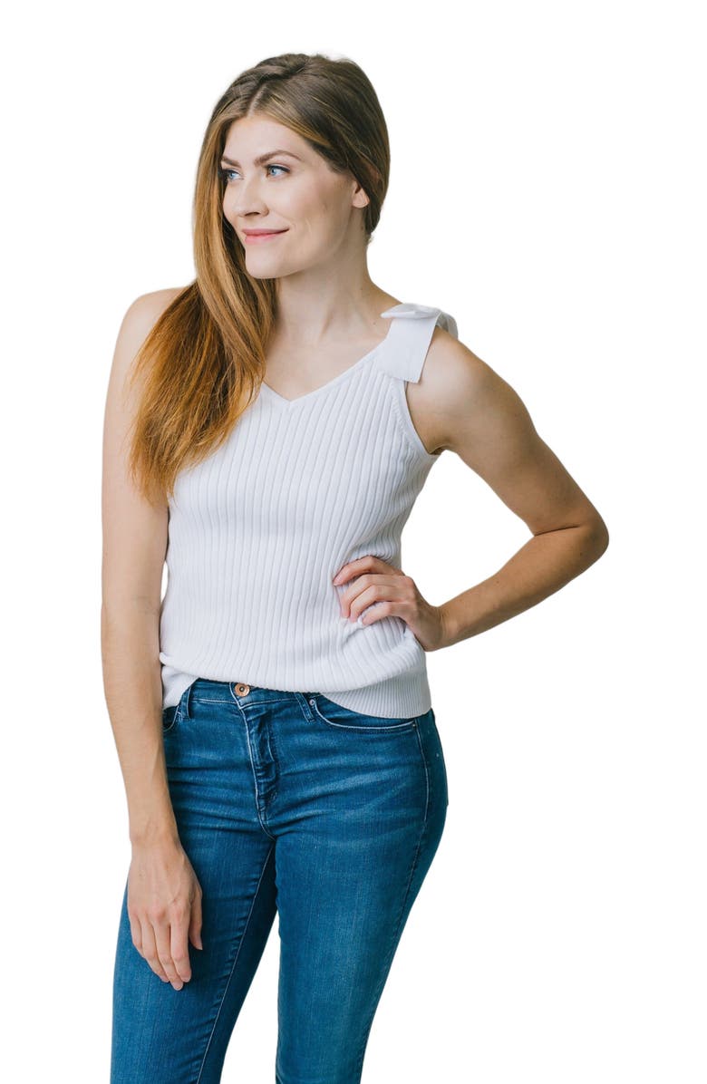 Hope & Henry Women's V-Neck Rib Knit Tank with Bow, Alternate, color, White Rib
