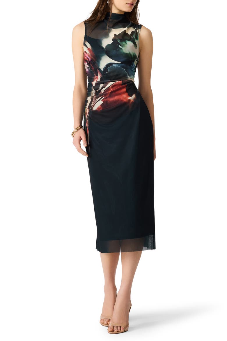 Mo Print Sheer Mock Neck Midi Dress, Main, color, MIDNIGHT TEAL