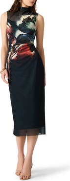 Steve Madden Mo Print Sheer Mock Neck Midi Dress
