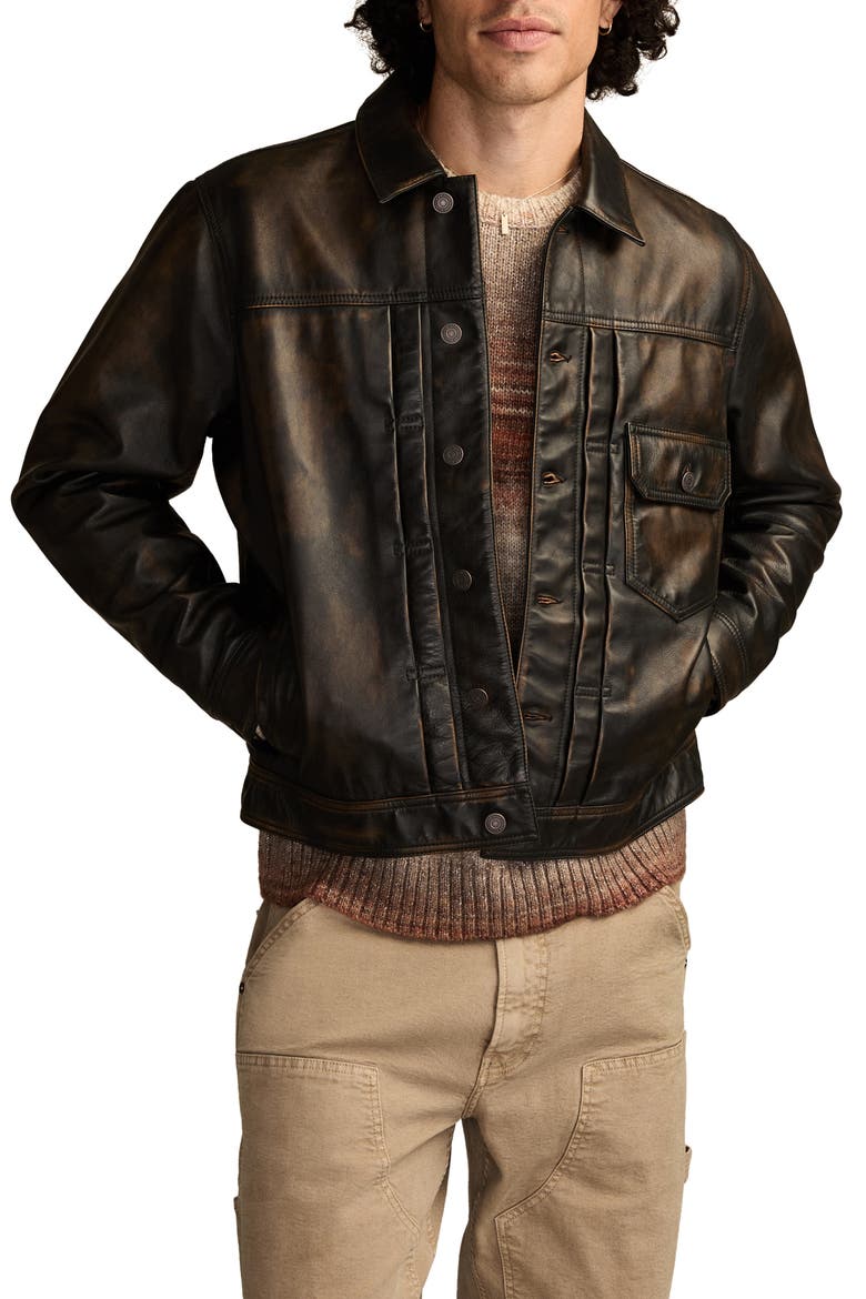 Distressed Leather Trucker Jacket, Main, color, WASHED BLACK