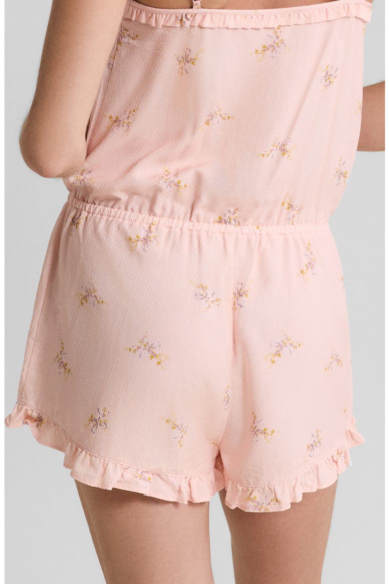Solia Floral Swiss Dot Ruffle Trim Sleep Romper, Alternate, color, IMP FOND ROSE