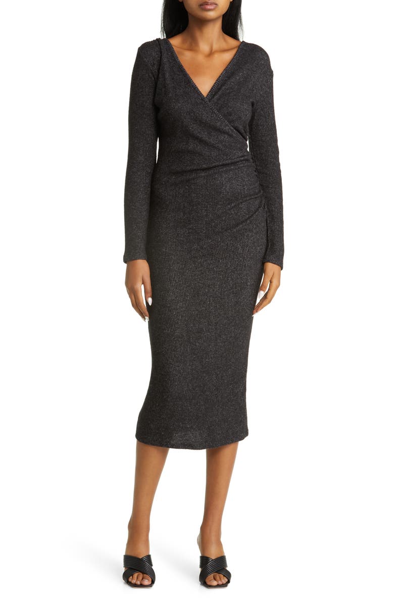 Loveappella Long Sleeve Faux Wrap Midi Dress, Main, color, Black