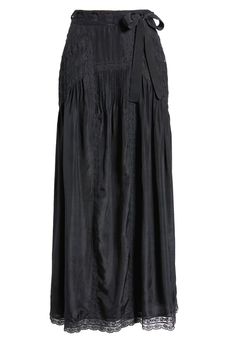 Beloria Lace Trim Silk Maxi Skirt, Alternate, color, BLACK