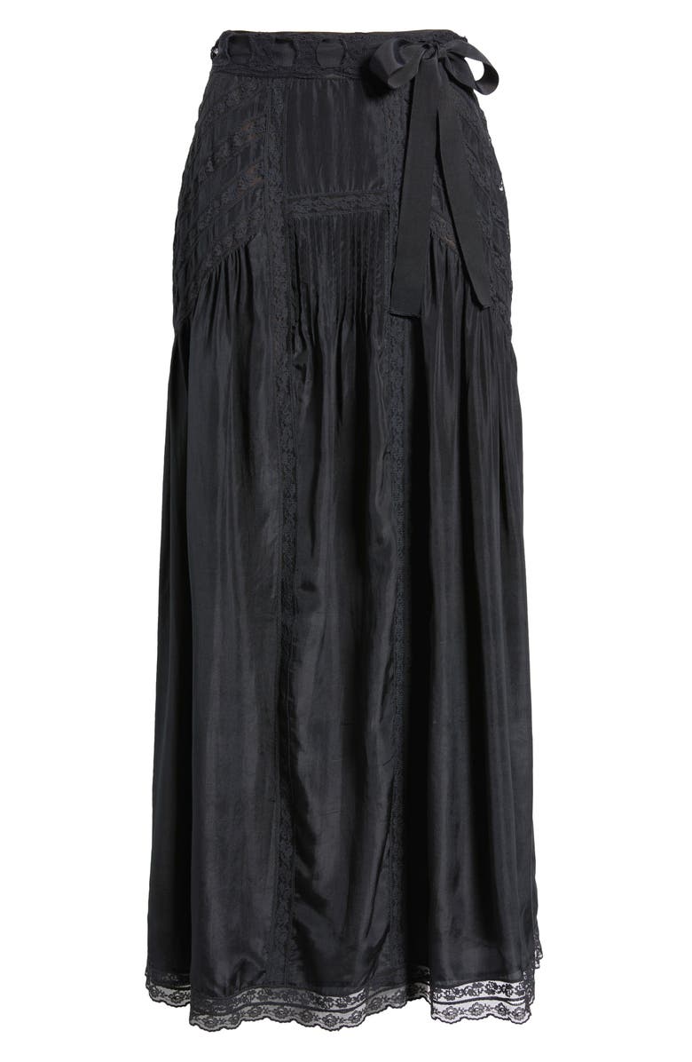 LoveShackFancy Beloria Lace Trim Silk Maxi Skirt, Alternate, color, Black