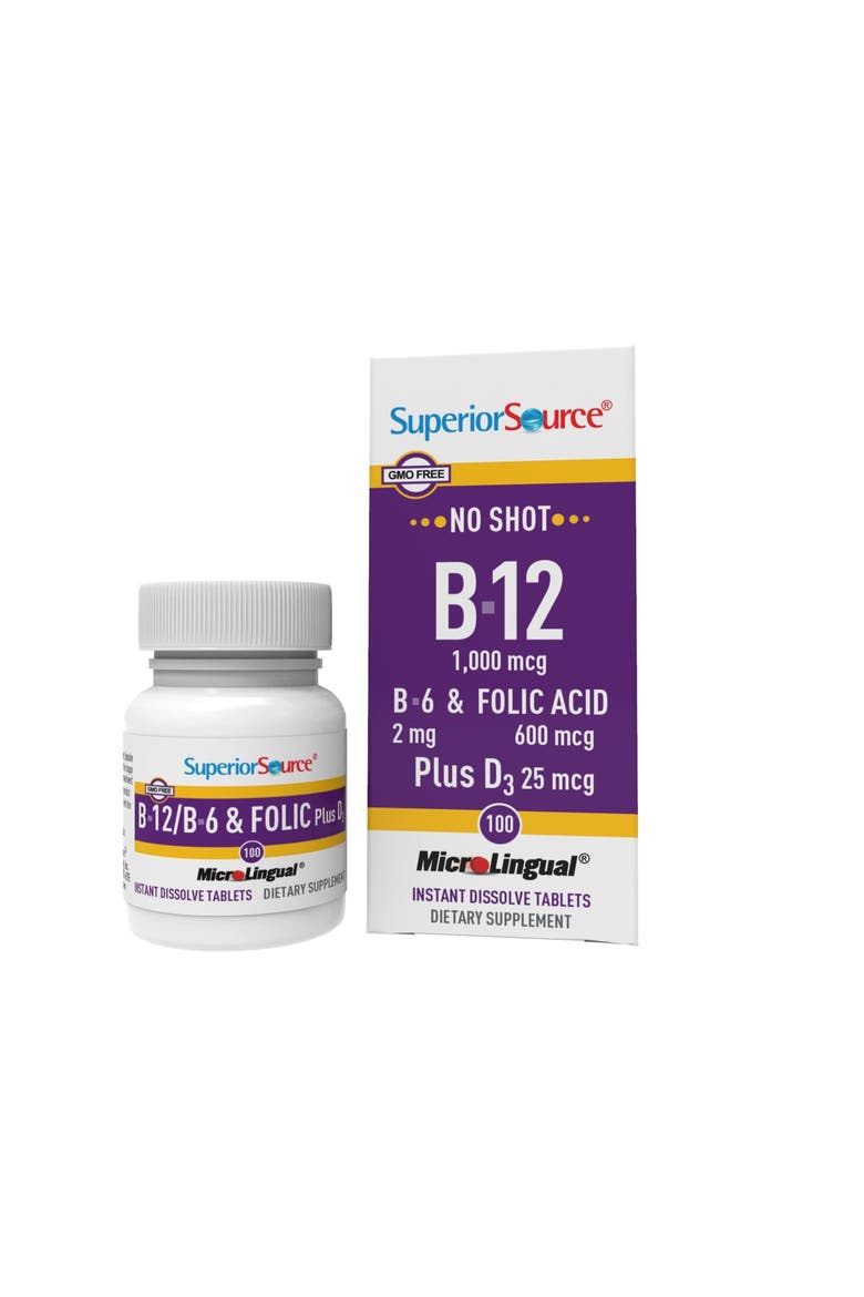 No Shot Vitamin B-12 Cyanocobalamin B-6 Folic Acid Vitamin D-3 Sublingual Dissolving Tablets, Main, color, White