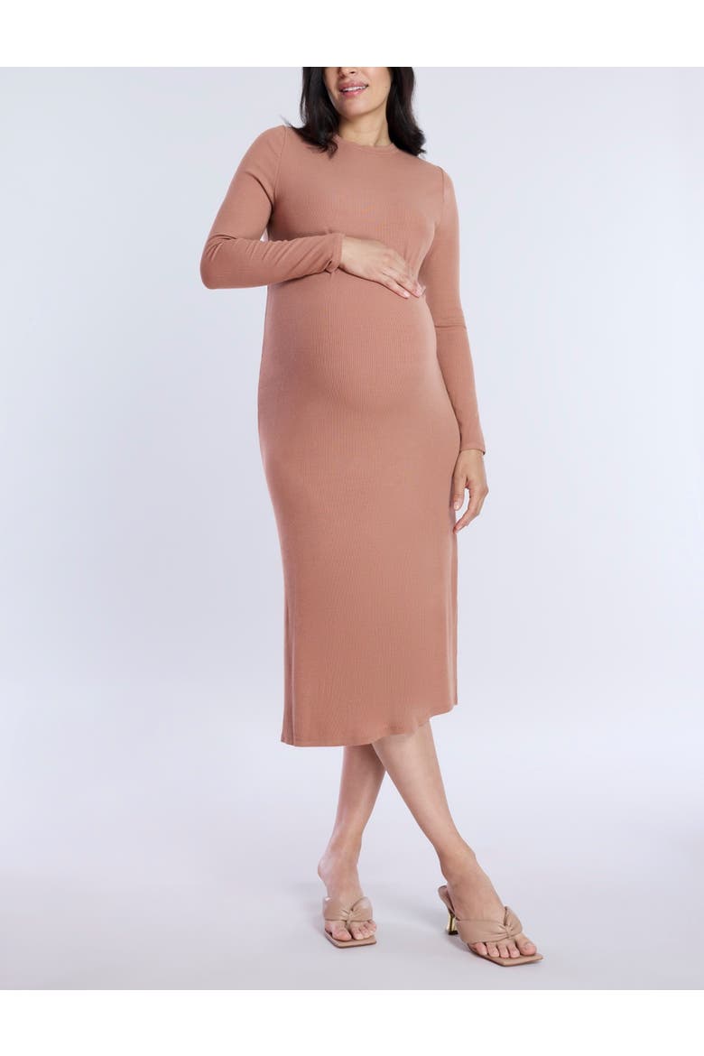 Crew Neck Rib Knit Long Sleeve Column Dress, Alternate, color, Mocha Mousse