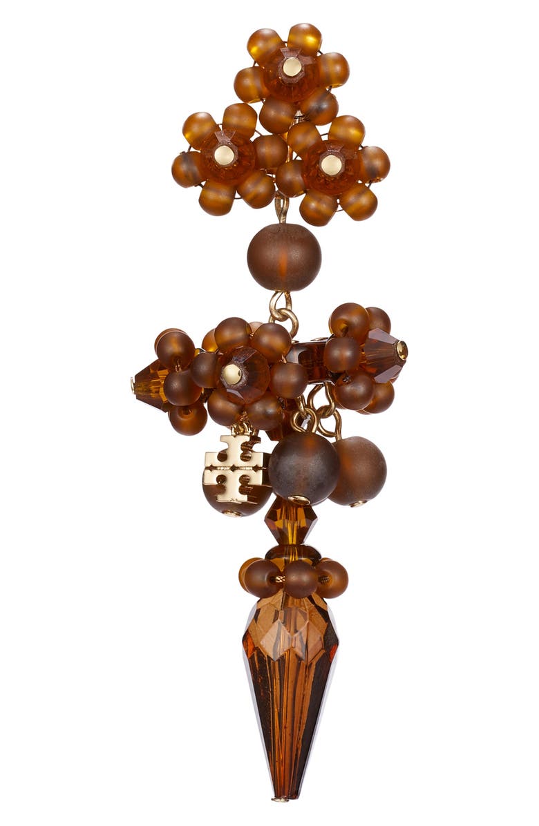 Tory Burch Curiosity Beaded Linear Drop Earrings, Alternate, color, Tory Gold / Brown