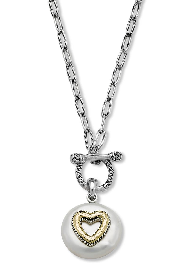 Heart Motif Coin Pearl Pendant Necklace, Main, color, WHITE
