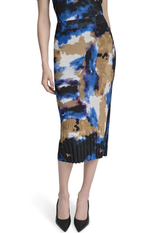 Dkny Womens Printed Mix Rib Short Sleeve Sweater Printed Rib Knit Midi Skirt In Blue