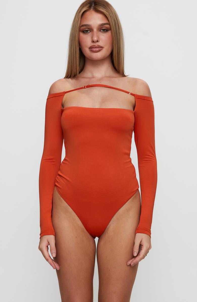 Princess Polly Degree of Separation Off the Shoulder Bodysuit, Alternate, color, Orange