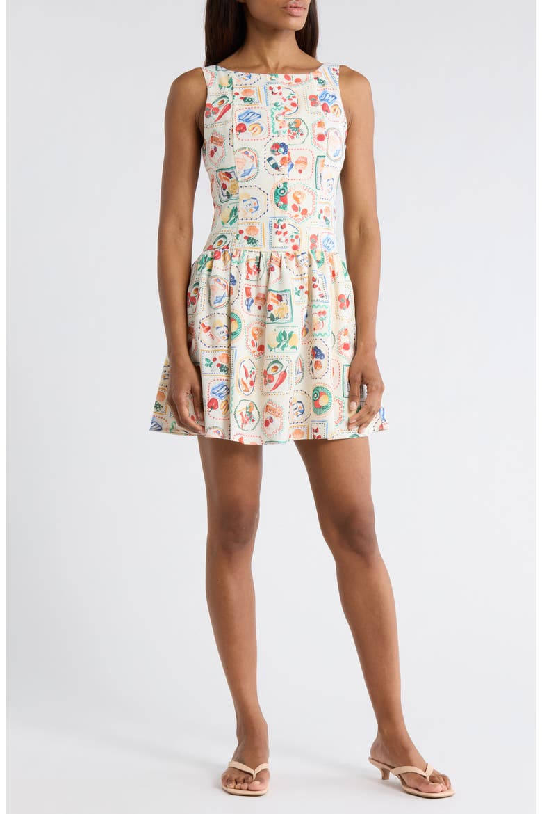 Mediterranean Lunch Motif Drop Waist Minidress, Main, color, IVORY MULTI