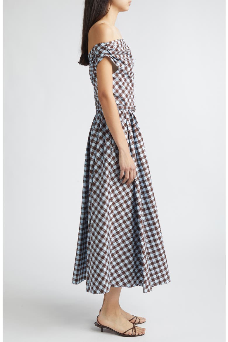 Gingham Print Cotton Stretch Poplin Off the Shoulder Dress, Alternate, color, ICE/ MAHOGANY