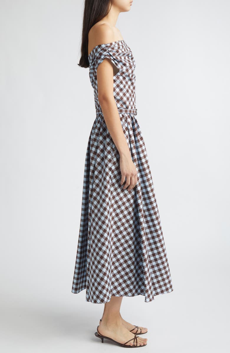 Oscar de la Renta Gingham Print Cotton Stretch Poplin Off the Shoulder Dress, Alternate, color, Ice/ Mahogany