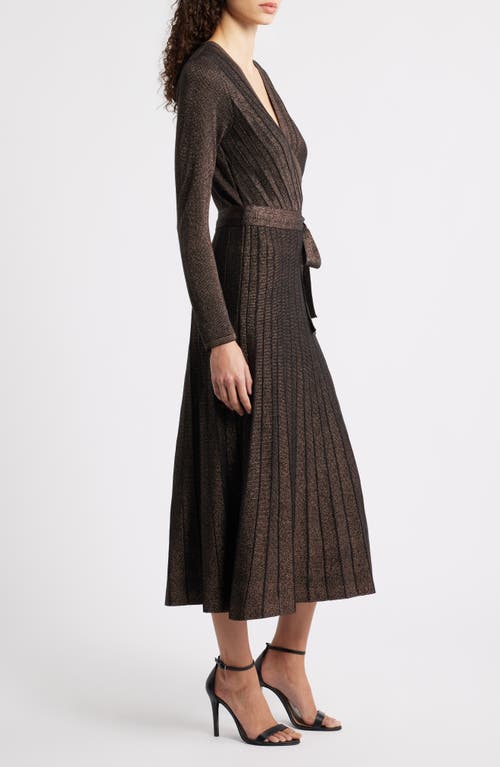 Eliza J Metallic Long Sleeve Knit Midi Dress In Brown